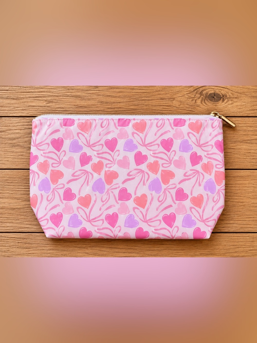 Pink Heart-Print Cosmetic Bag with Gold Zipper